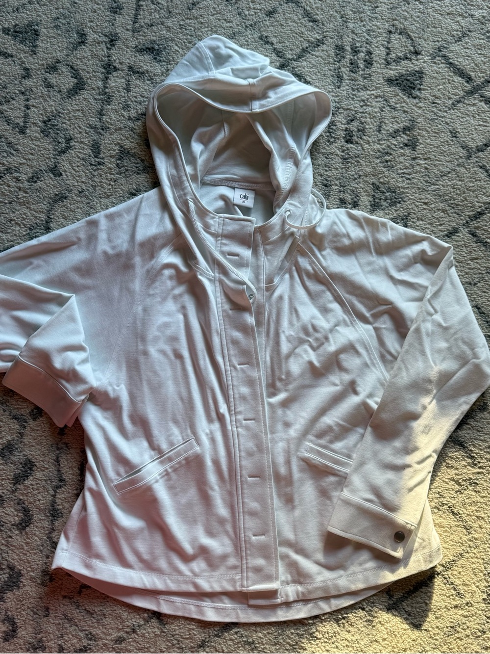 CAbi White Hooded Utility Jacket with Snap Front